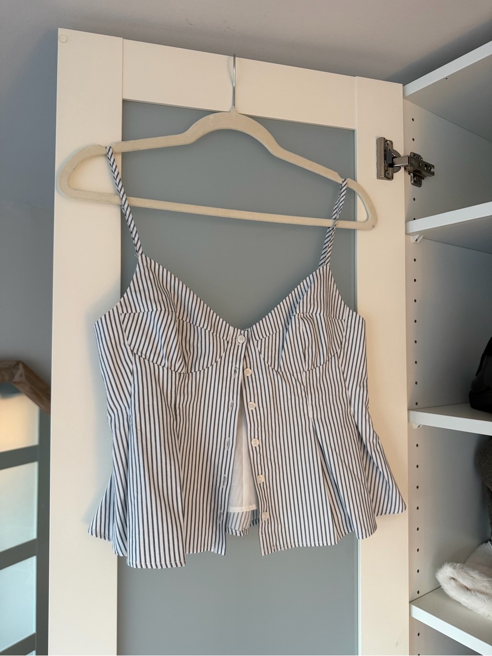 Zara Blue and White Striped Button-Front Spaghetti Strap Top